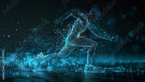 A digital wireframe figure of an athlete running, composed entirely from glowing blue dots on a dark background Generative AI