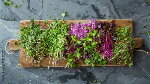 assorted fresh cut microgreens in their cotyledons form, including: broccoli, arugala, and red amaranth with edible nasturtium flowers arranged on a gorgeous woooden cuttong board