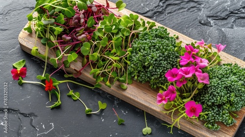 assorted fresh cut microgreens in their cotyledons form, including: broccoli, arugala, and red amaranth with edible nasturtium flowers arranged on a gorgeous woooden cuttong board.