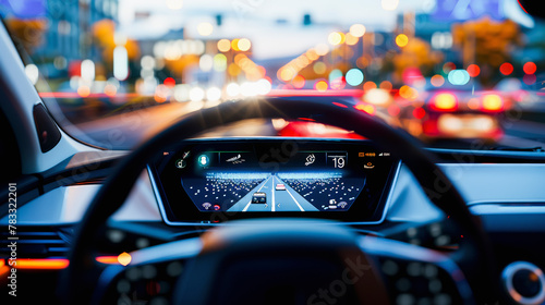 Driver's perspective inside a modern car with a digital dashboard display during a night drive in a brightly-lit city.
