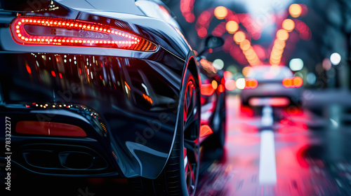 A sleek car's rear with distinctive LED tail lights on a wet street, reflecting city lights at dusk or night.