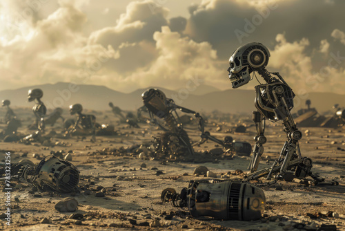 Post-Apocalyptic Robots Amidst a Barren Landscape