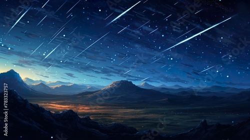 The first light of dawn illuminates a vast landscape while the night's magic with a meteor shower endures, creating a splendid scene