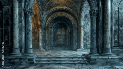 Portals architectual, dark and gloomy hallway, ancient corridor colonnade monument abbey