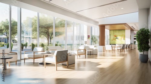 A spacious lobby area with comfortable seating and contemporary art, illuminated by natural light