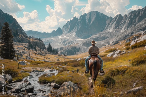 Lone cowboy riding horse through majestic mountain valley beneath blue sky