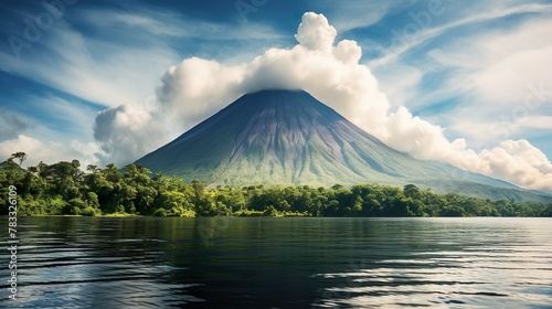 This image captures the solitary beauty of a conical volcano rising amidst a lush forest landscape and reflective water body