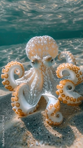 In the sea, a small white octopus swimming.