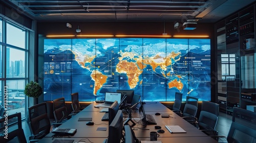 Big size screen in the office of a logistics company. Cargo routes across the world's oceans and continents.