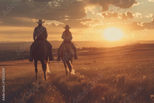 Two cowboys riding horses at sunset in a scenic open landscape