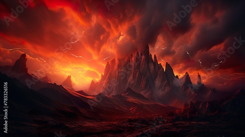 The intense red sky gives an apocalyptic vibe to the rugged mountain landscape, evoking a sense of the end times