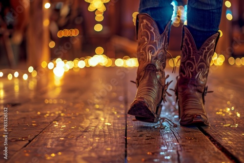 Cowboy boots on a wooden floor, illuminated by festive twinkling lights