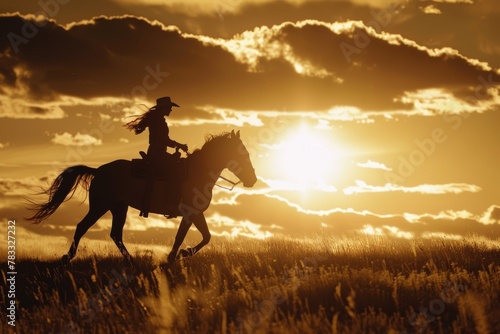 Silhouette of a cowgirl riding horse at sunset in golden fields under dramatic clouds