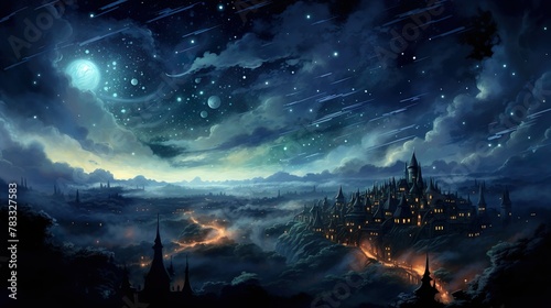 A fantasy-themed image depicting an intricate castle amongst mist-covered mountains under a celestial sky with shooting stars