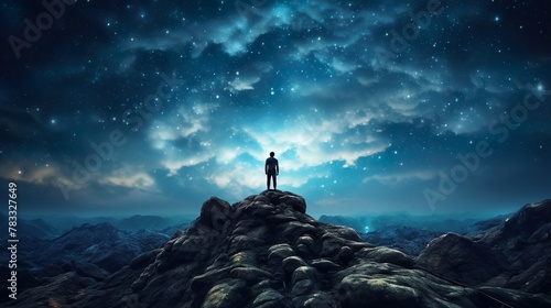 Thoughtful image of a man standing on a rocky peak with a backdrop of a star-filled sky