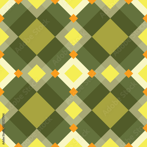 Vector seamless classic geometric harlequin diamond shapes pattern of green, orange, beige colors.