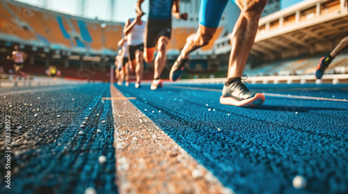 Low angle view of track and field athletes' feet in motion on a stadium track, capturing the intensity of the race.