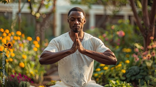 African american male doing yoga in his backyard.