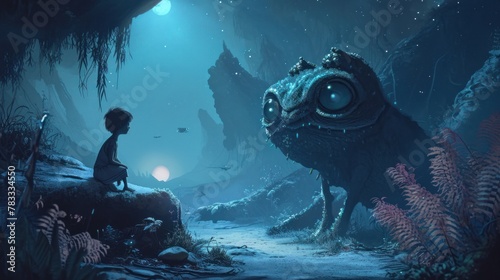 A boy sits on a stone under the entrance to a cave and looks at a large amphibian creature with glowing eyes. The sky is blue and the sun is setting, bathing the scene in a warm light.