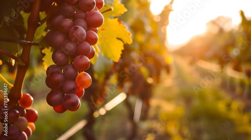 Ripe grapes on the vine at sunset in a vineyard. Scenic view of a grape harvest season. Warm light embracing the berries. Agricultural beauty in nature's bounty. AI