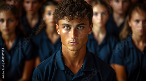 Captivating Young Man with Intense Gaze, Surrounded by Team in Navy Uniforms