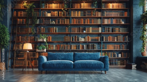 A Blue Couch in Front of a Bookshelf Filled With Books