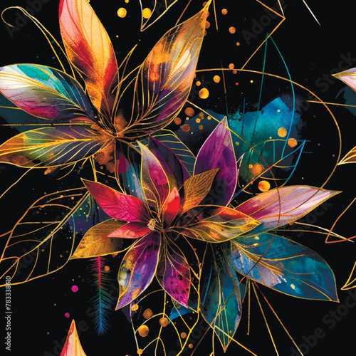 Glowing neon illuminated style watercolor drawing gold lines exotic flowers seamless pattern. Glow beautiful colorful modern vector background. Bright shiny repeat tropical backdrop. Endless texture