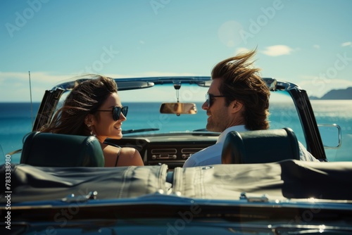 A young couple enjoys a sunny drive in a convertible with a sea view ahead