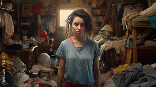 In this scene, the woman's gloomy expression coincides with the things scattered around the room, indicating the upcoming task of cleaning and organizing.