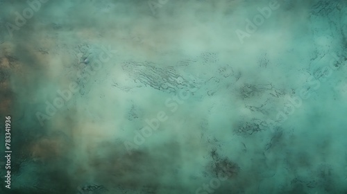 Verdigris color. Aerial view of a rugged, mist-covered landscape, evoking a sense of mystery and tranquility 