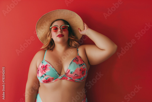 size plus model in bikini on red background, body positive lady (4)