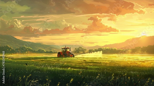 Tractor spraying pesticides in a golden rural field at sunset in the middle ,with mountains in the background, in a digital painting style