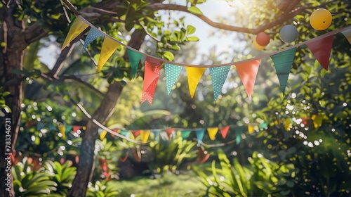 Colorful party flags hanging in a lush green garden, creating a festive atmosphere.