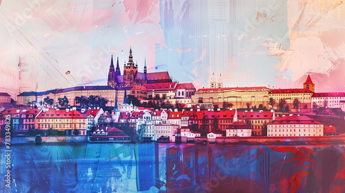 Colorful watercolor montage featuring the famous landmarks and attractions of Prague in the Czech Republic