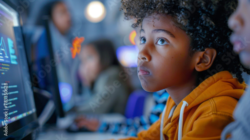 Portrait of african american boy using computer in gaming club