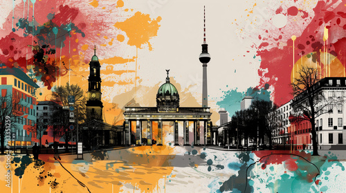 Colorful digital artwork overlay featuring the iconic Brandenburg Gate, the TV Tower (Alex) and other sights of Berlin, Germany