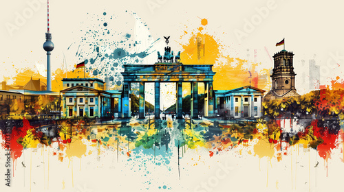 Colorful digital artwork overlay featuring the iconic Brandenburg Gate, the TV Tower (Alex) and other sights of Berlin, Germany