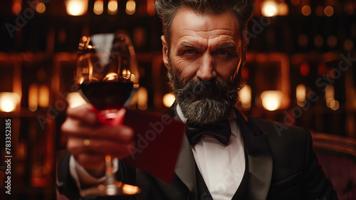 Sommeliers adult male hold glass red wine tasting degustation card, banner wineshop