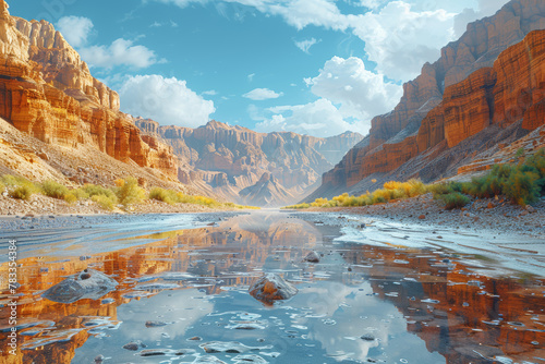 The intersection of a flood and a desert canyon, depicting the collision of rushing waters and dry rock formations. Concept of water erosion in arid regions. Generative Ai.