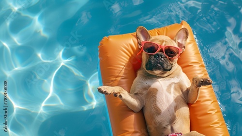 Top view of pug sunbathing on swimming mattress