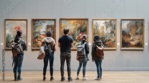 People visiting and watching paintings in art gallery
