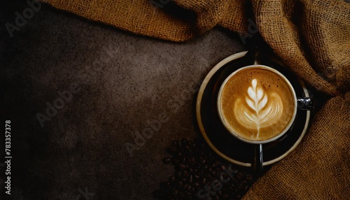 top view of cappuccino coffee with brown fabric on a textured background empty space for placing advertising text on the background cafe and bar barista art concept long banner