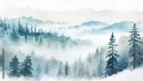 landscape of foggy forest winter hill wild nature frozen misty taiga watercolor background