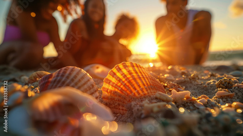 Multi-ethnic family beach sunset, sea shell, low sun background. Holidays: multicultural travel diversity and inclusion