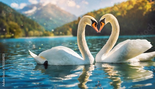 animal wildlife love and fantasy concept two white swans in love swimming in lake swans making heart shape from necks in dreamlike and magical background with copy space generative ai