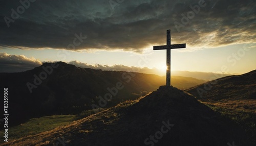 christian cross on hill outdoors at sunrise generative ai