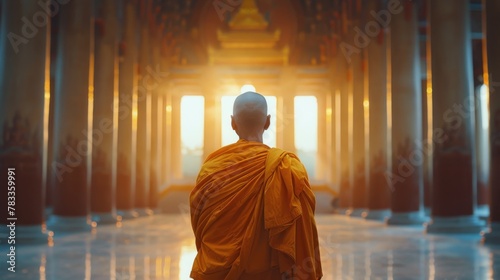 Monk in Orange Robe Standing in Temple