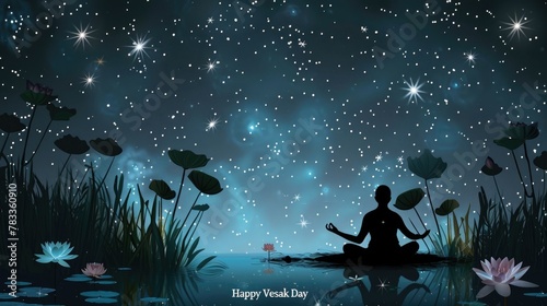 Vesak Day Illustration with Meditating Monk. A stylized illustration celebrating Vesak Day, with a monk meditating beside a serene lake filled with lotus flowers, evoking peace and spirituality