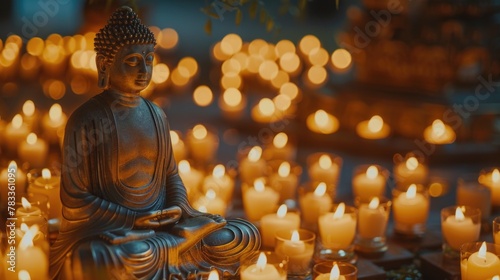 Buddha Statue Illuminated by Candles. A serene Buddha statue is dramatically illuminated by hundreds of candles, creating an ambience of reverence and stillness, ideal for Vesak Day observance