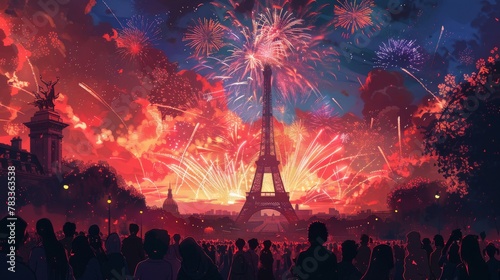 Bastille Day, A spectacular fireworks display illuminates the night sky above the Eiffel Tower, celebrating a festive occasion in Paris.
